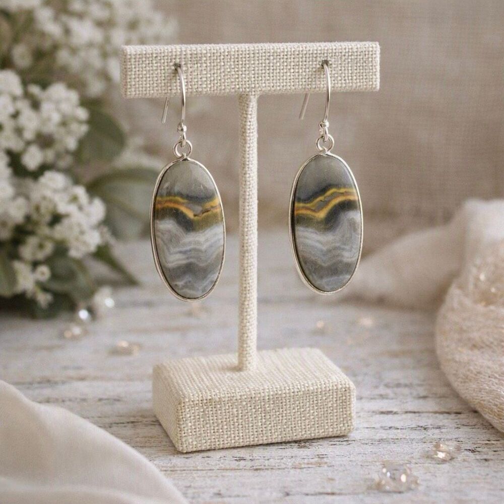 Southwestern Natural Bumblebee Jasper Oval Earrings Silver Handcrafted Boho New